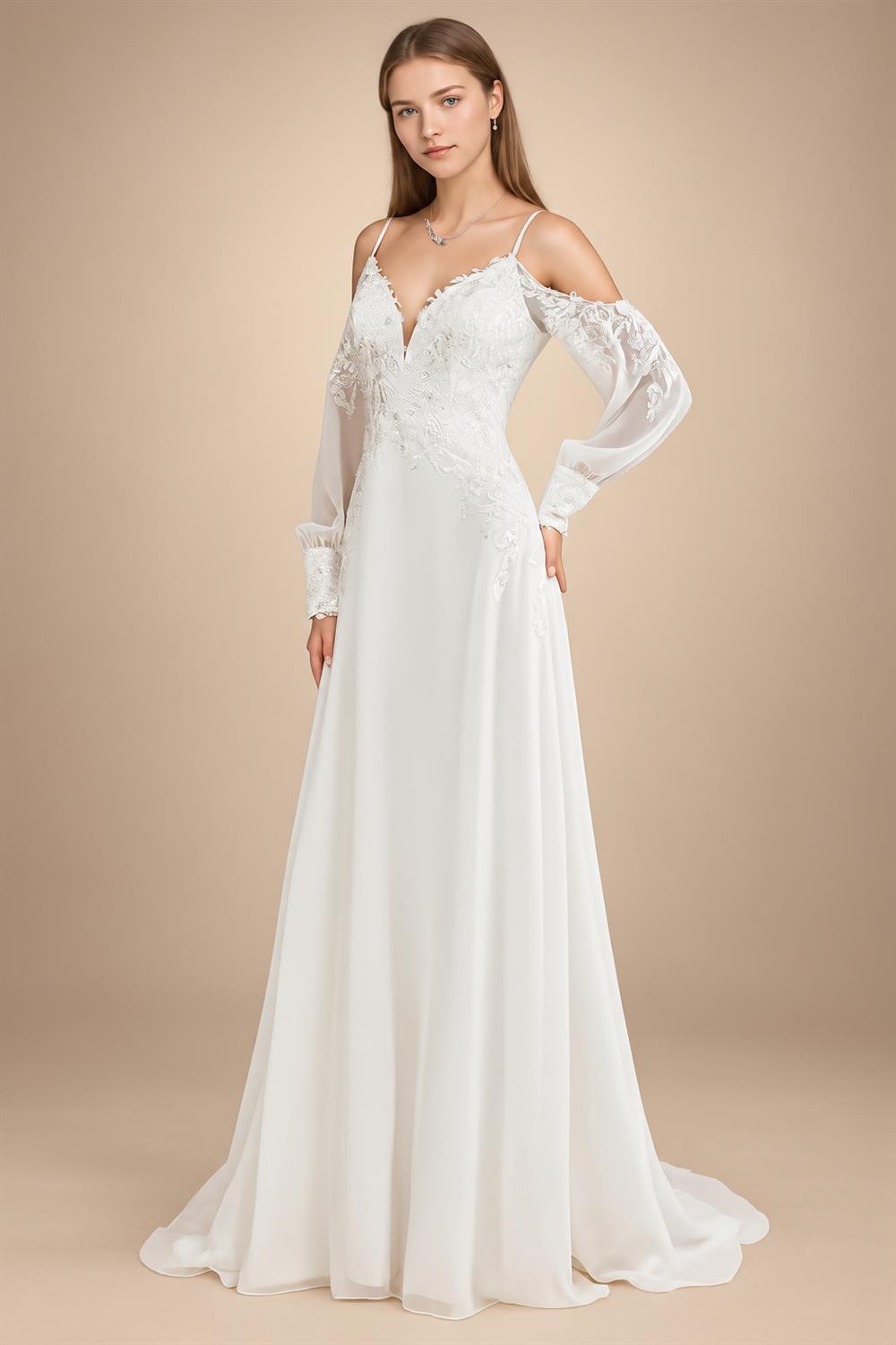 Custom Illusion Off White Bridal Gown Off Shoulder Long Sleeve Wedding Dress