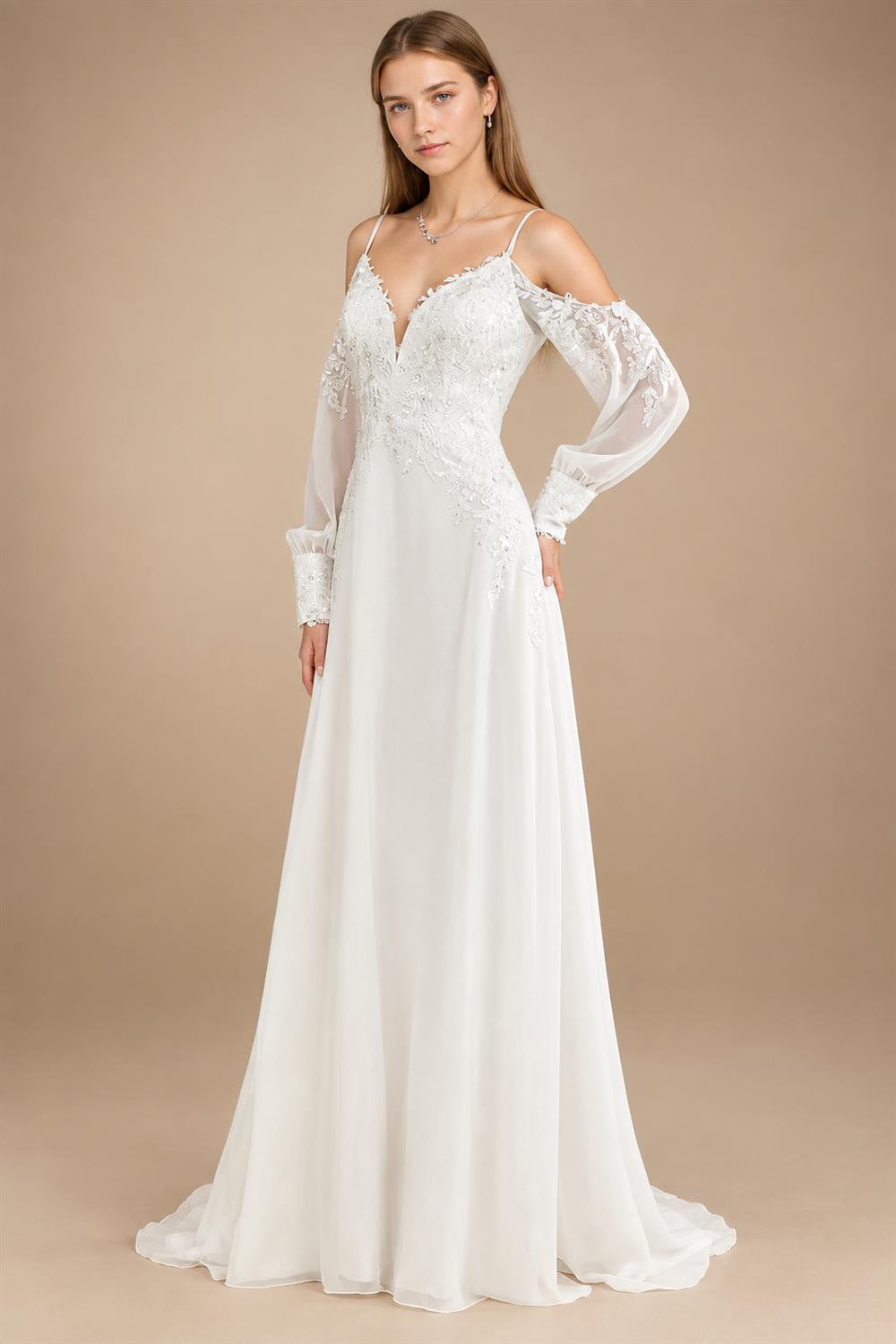 Custom Illusion Off White Bridal Gown Off Shoulder Long Sleeve Wedding Dress