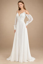 Custom Illusion Off White Bridal Gown Off Shoulder Long Sleeve Wedding Dress