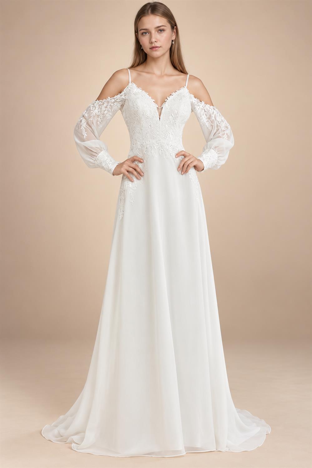 Custom Illusion Off White Bridal Gown Off Shoulder Long Sleeve Wedding Dress