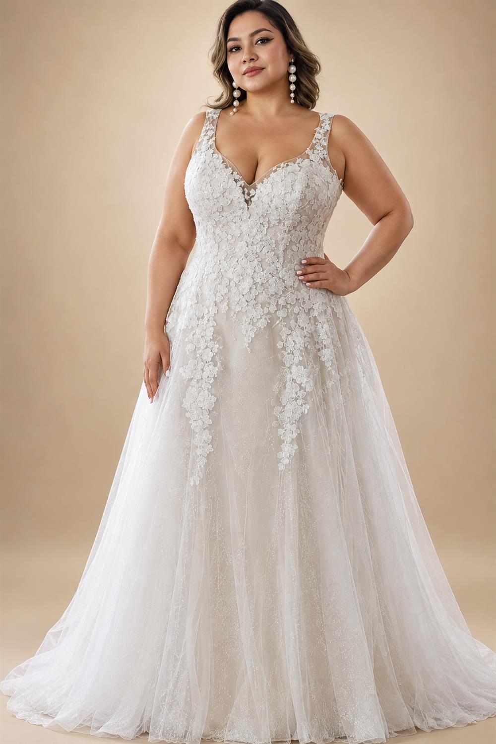 Custom Plus Size A Line Wedding Dress V Neck Tulle Appliques Bridal