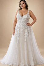 Custom Plus Size A Line Wedding Dress V Neck Tulle Appliques Bridal