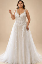 Custom Plus Size A Line Wedding Dress V Neck Tulle Appliques Bridal