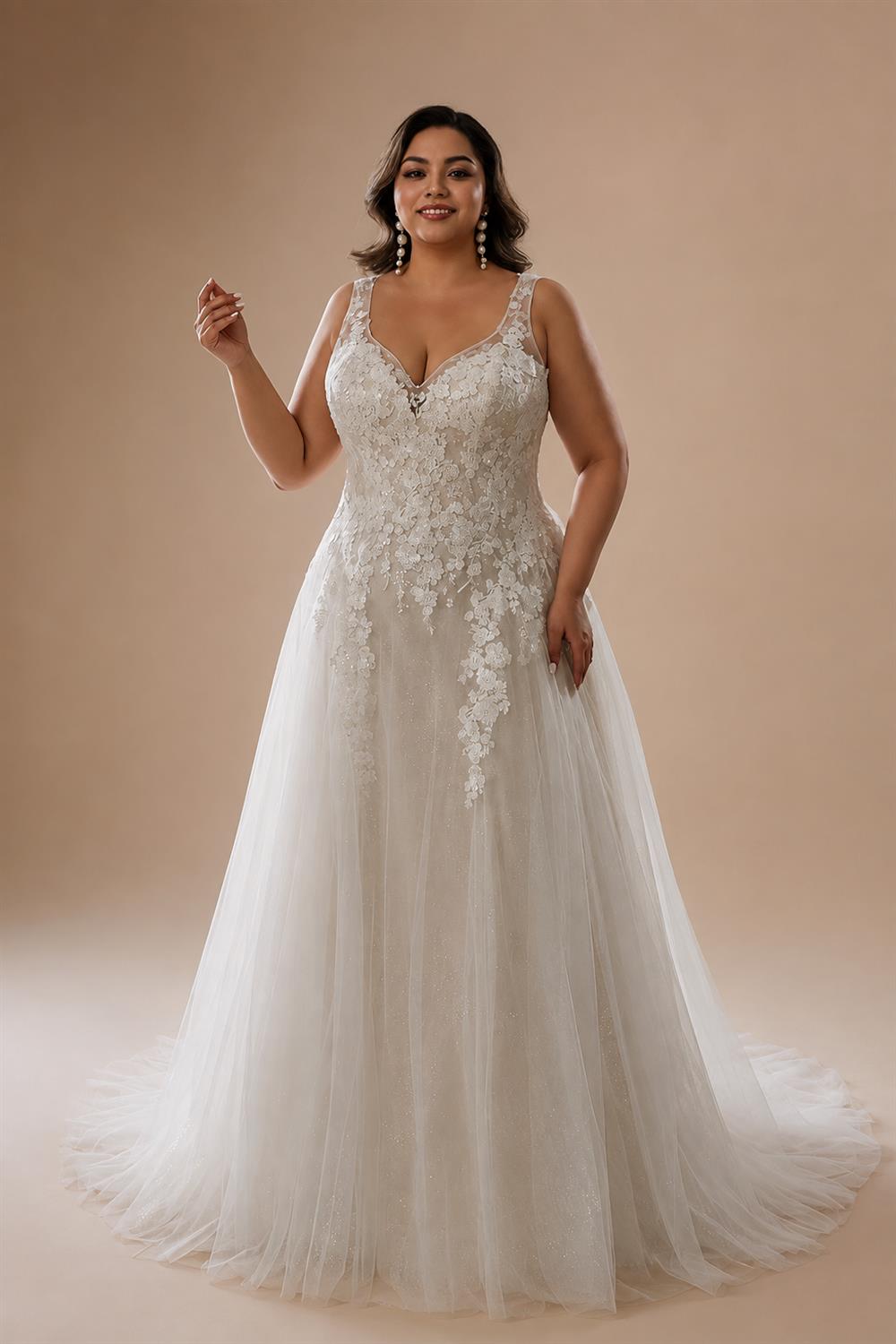 Custom Plus Size A Line Wedding Dress V Neck Tulle Appliques Bridal