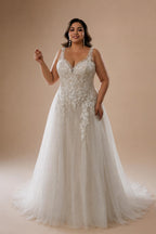 Custom Plus Size A Line Wedding Dress V Neck Tulle Appliques Bridal