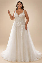 Custom Plus Size A Line Wedding Dress V Neck Tulle Appliques Bridal