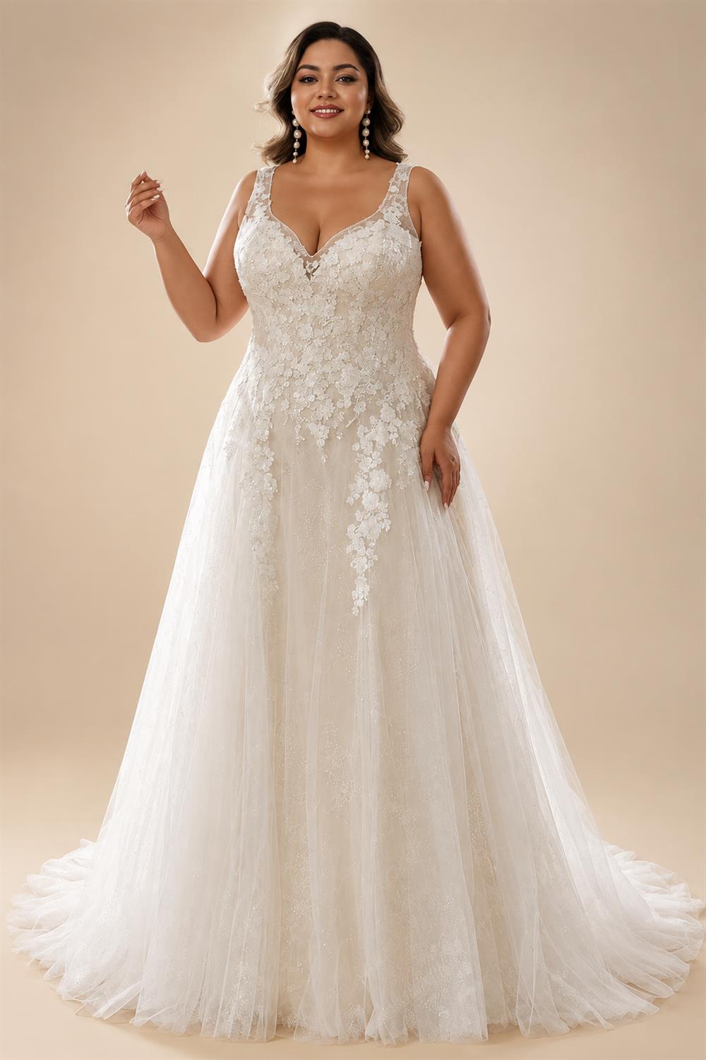 Custom Plus Size A Line Wedding Dress V Neck Tulle Appliques Bridal