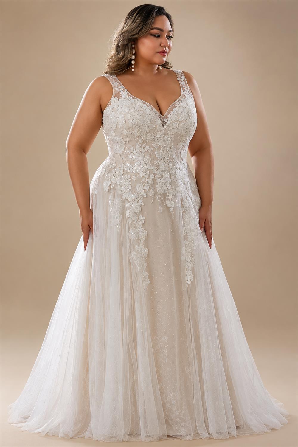 Custom Plus Size A Line Wedding Dress V Neck Tulle Appliques Bridal