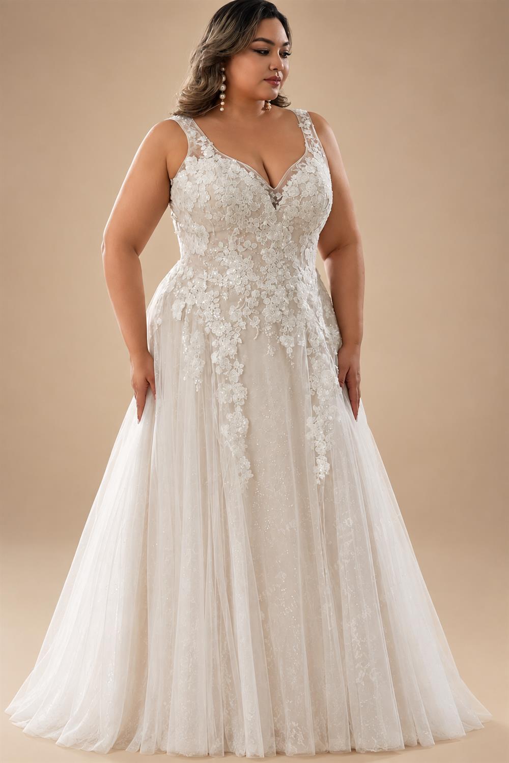 Custom Plus Size A Line Wedding Dress V Neck Tulle Appliques Bridal