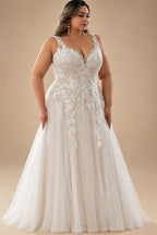 Custom Plus Size A Line Wedding Dress V Neck Tulle Appliques Bridal
