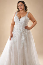 Custom Plus Size A Line Wedding Dress V Neck Tulle Appliques Bridal