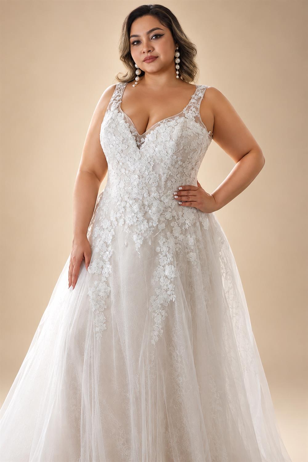 Custom Plus Size A Line Wedding Dress V Neck Tulle Appliques Bridal
