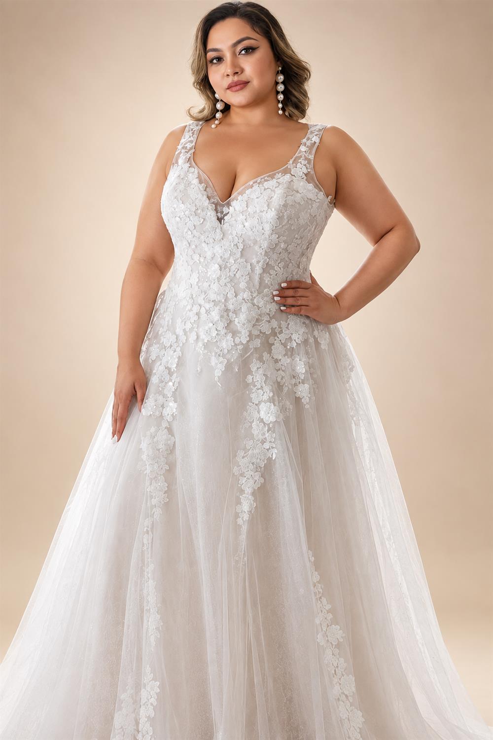 Custom Plus Size A Line Wedding Dress V Neck Tulle Appliques Bridal