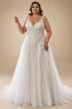 Custom Plus Size A Line Wedding Dress V Neck Tulle Appliques Bridal