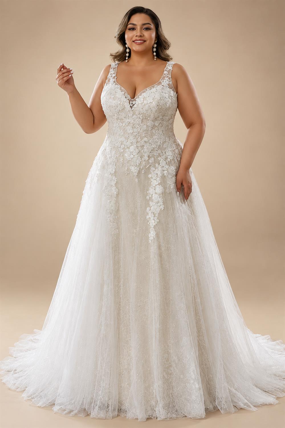 Custom Plus Size A Line Wedding Dress V Neck Tulle Appliques Bridal