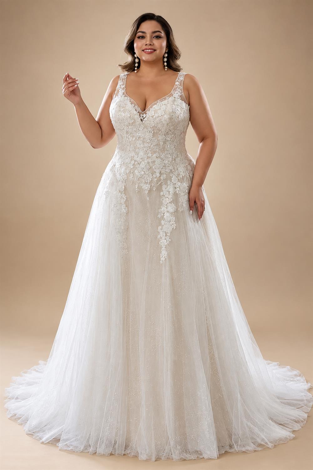 Custom Plus Size A Line Wedding Dress V Neck Tulle Appliques Bridal