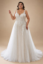 Custom Plus Size A Line Wedding Dress V Neck Tulle Appliques Bridal
