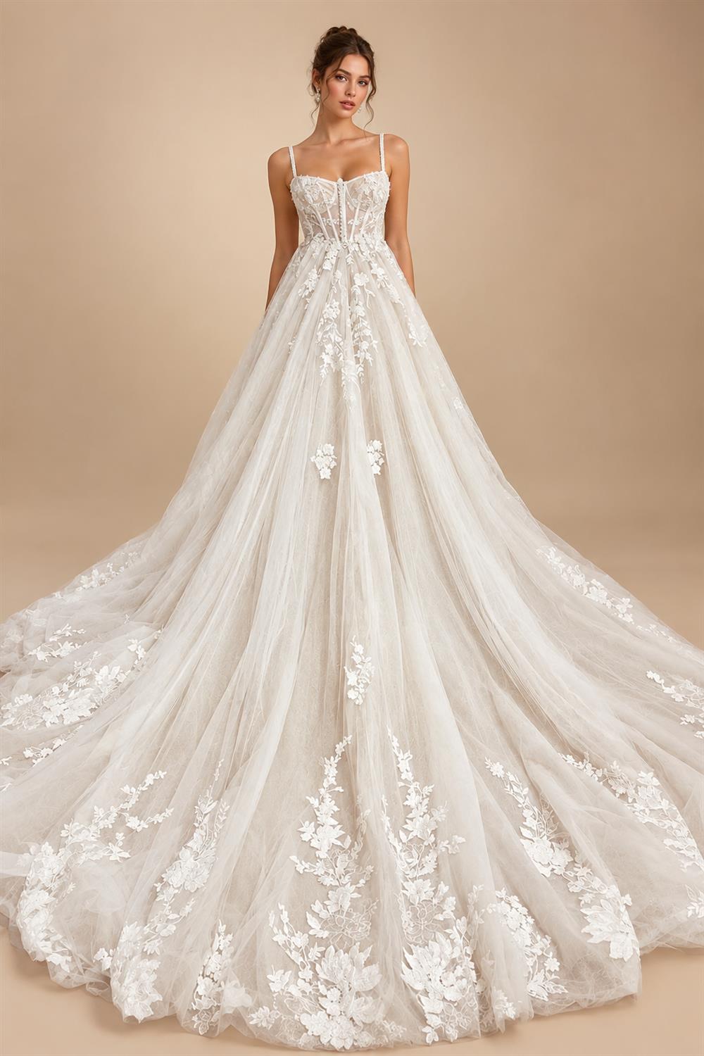 Champagne Lace Spaghetti Straps Wedding Dress Chapel Train Custom Bridal Gown