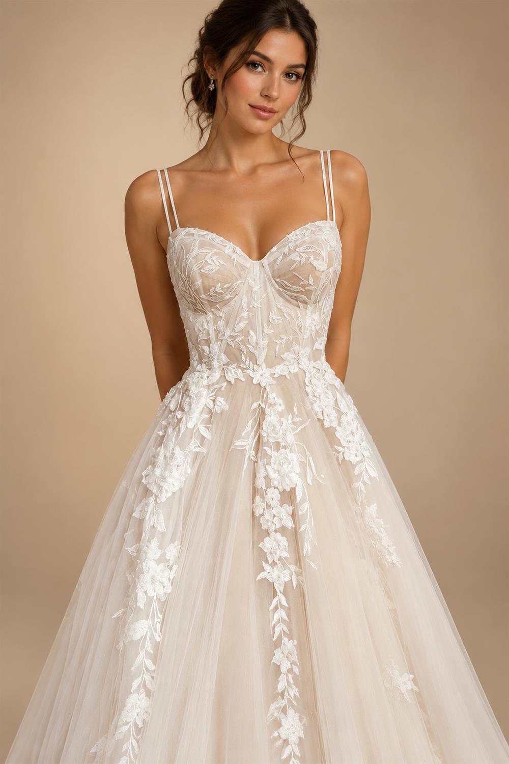 Champagne Lace Spaghetti Straps Wedding Dress Chapel Train Custom Bridal Gown