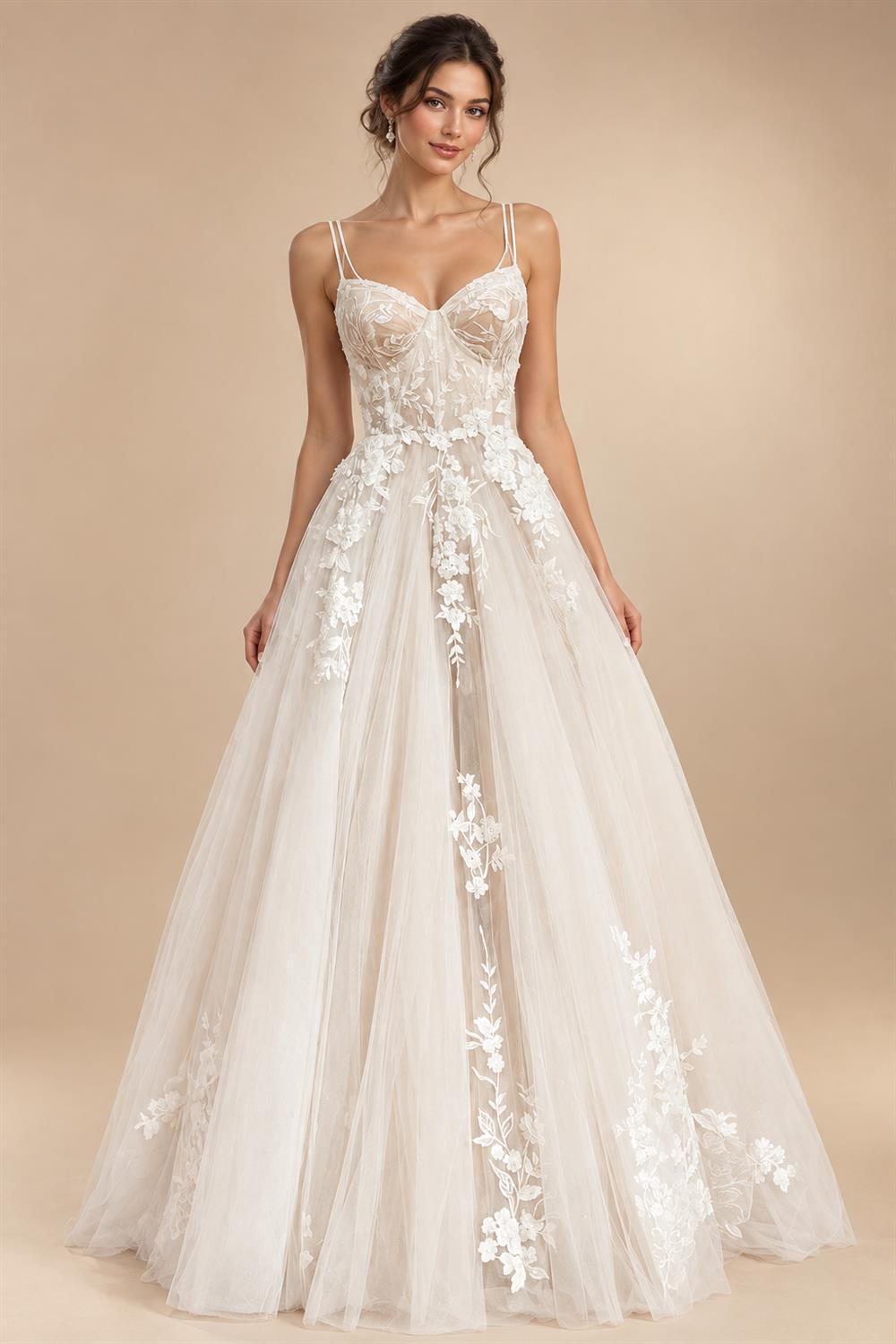 Champagne Lace Spaghetti Straps Wedding Dress Chapel Train Custom Bridal Gown