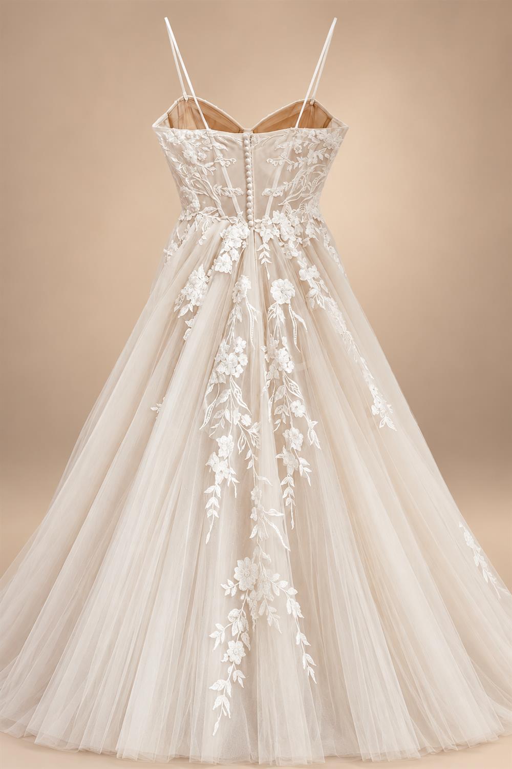 Champagne Lace Spaghetti Straps Wedding Dress Chapel Train Custom Bridal Gown