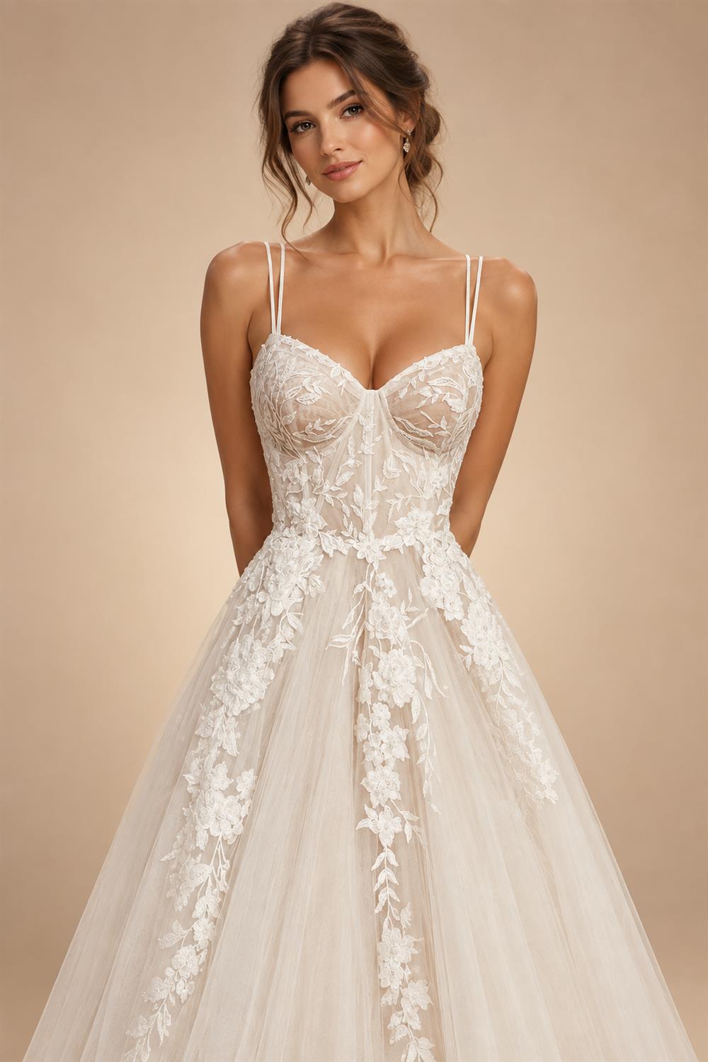 Champagne Lace Spaghetti Straps Wedding Dress Chapel Train Custom Bridal Gown