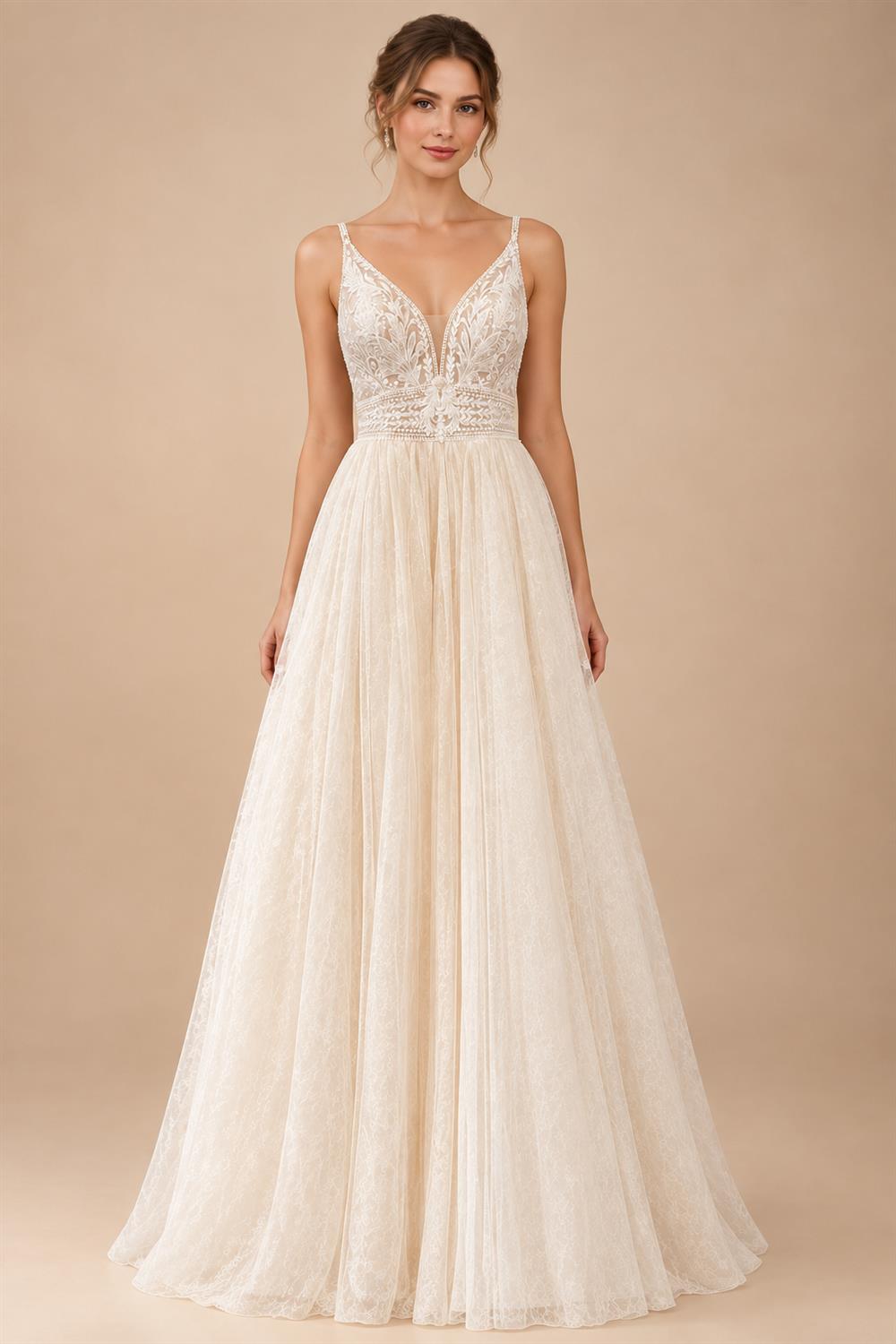 Custom Champagne Boho Wedding Dress For Women Spaghetti Strap Bridal Gown