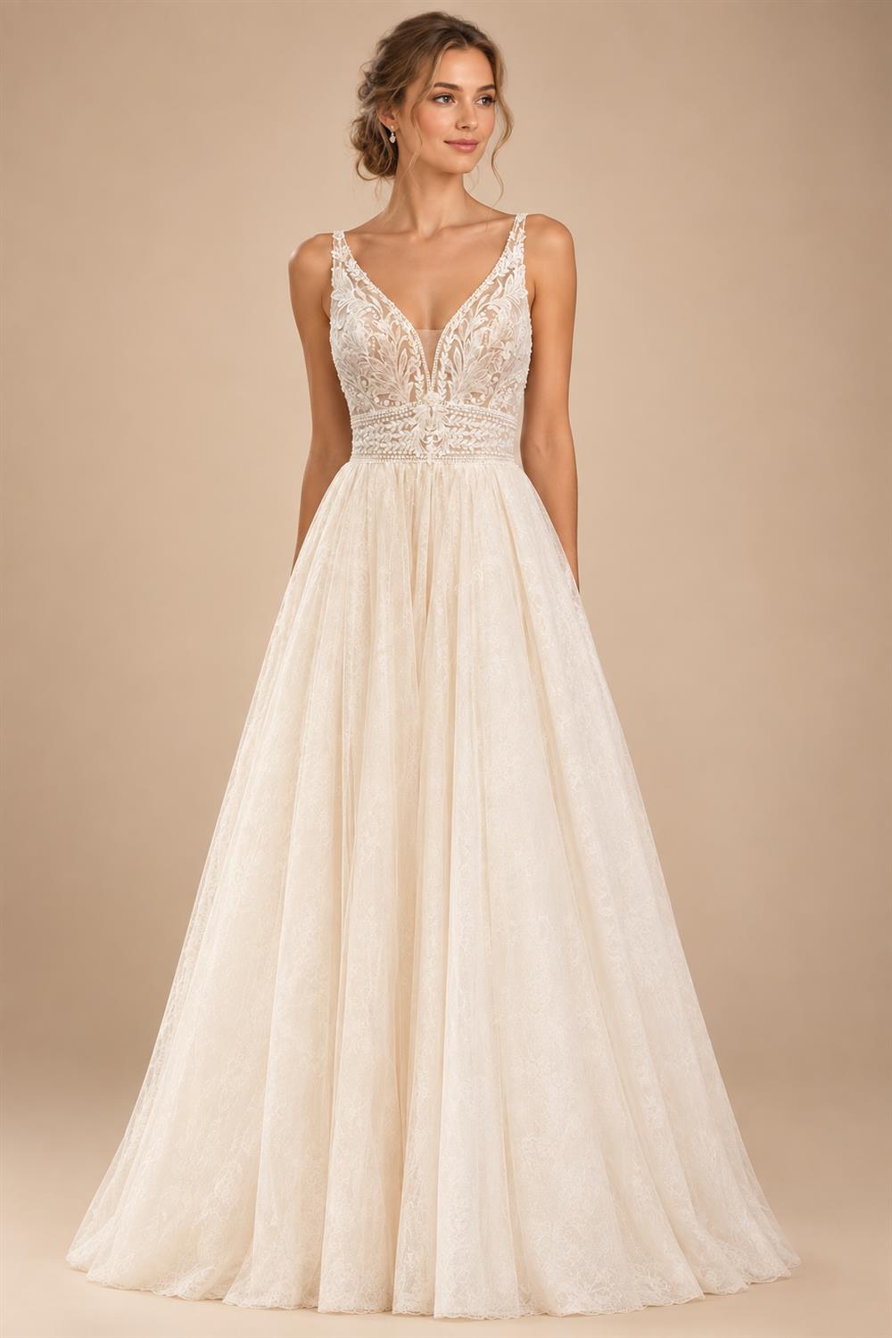 Custom Champagne Boho Wedding Dress For Women Spaghetti Strap Bridal Gown