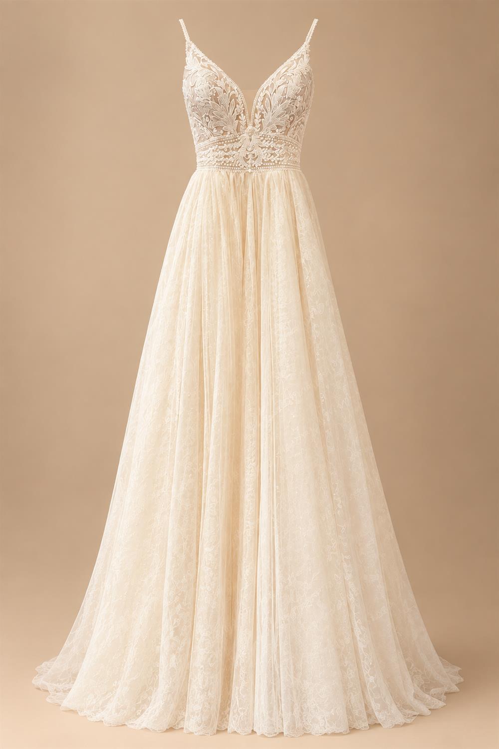 Custom Champagne Boho Wedding Dress For Women Spaghetti Strap Bridal Gown