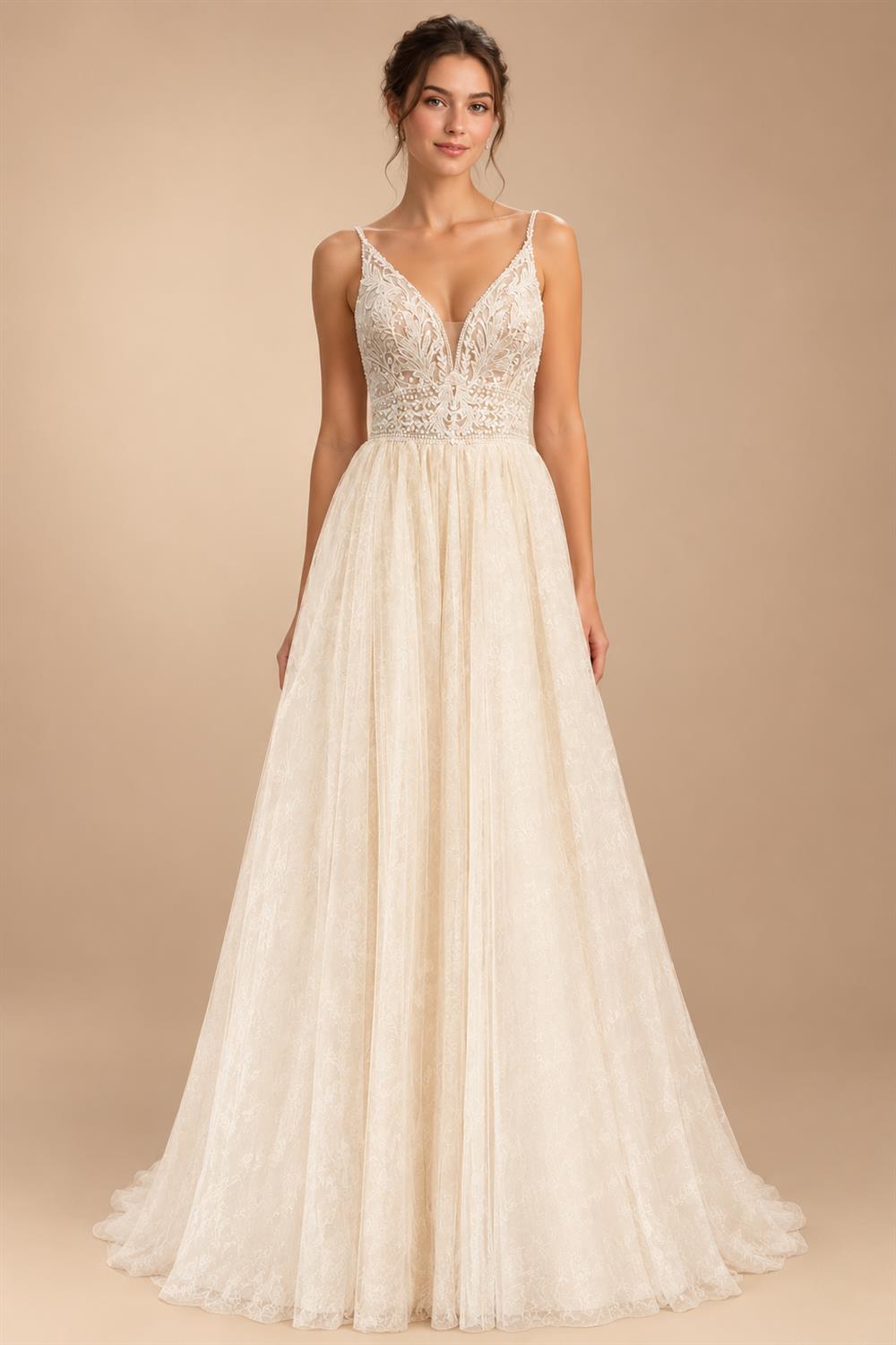 Custom Champagne Boho Wedding Dress For Women Spaghetti Strap Bridal Gown