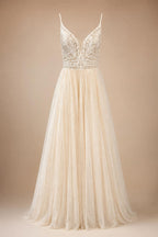 Custom Champagne Boho Wedding Dress For Women Spaghetti Strap Bridal Gown