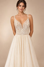 Custom Champagne Boho Wedding Dress For Women Spaghetti Strap Bridal Gown