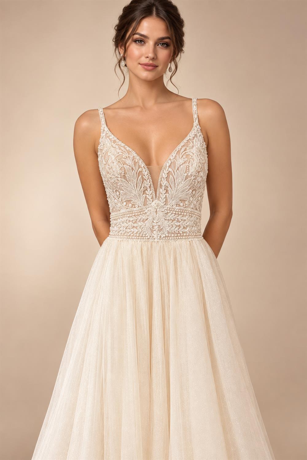 Custom Champagne Boho Wedding Dress For Women Spaghetti Strap Bridal Gown