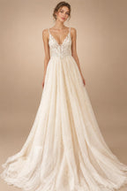 Custom Champagne Boho Wedding Dress For Women Spaghetti Strap Bridal Gown