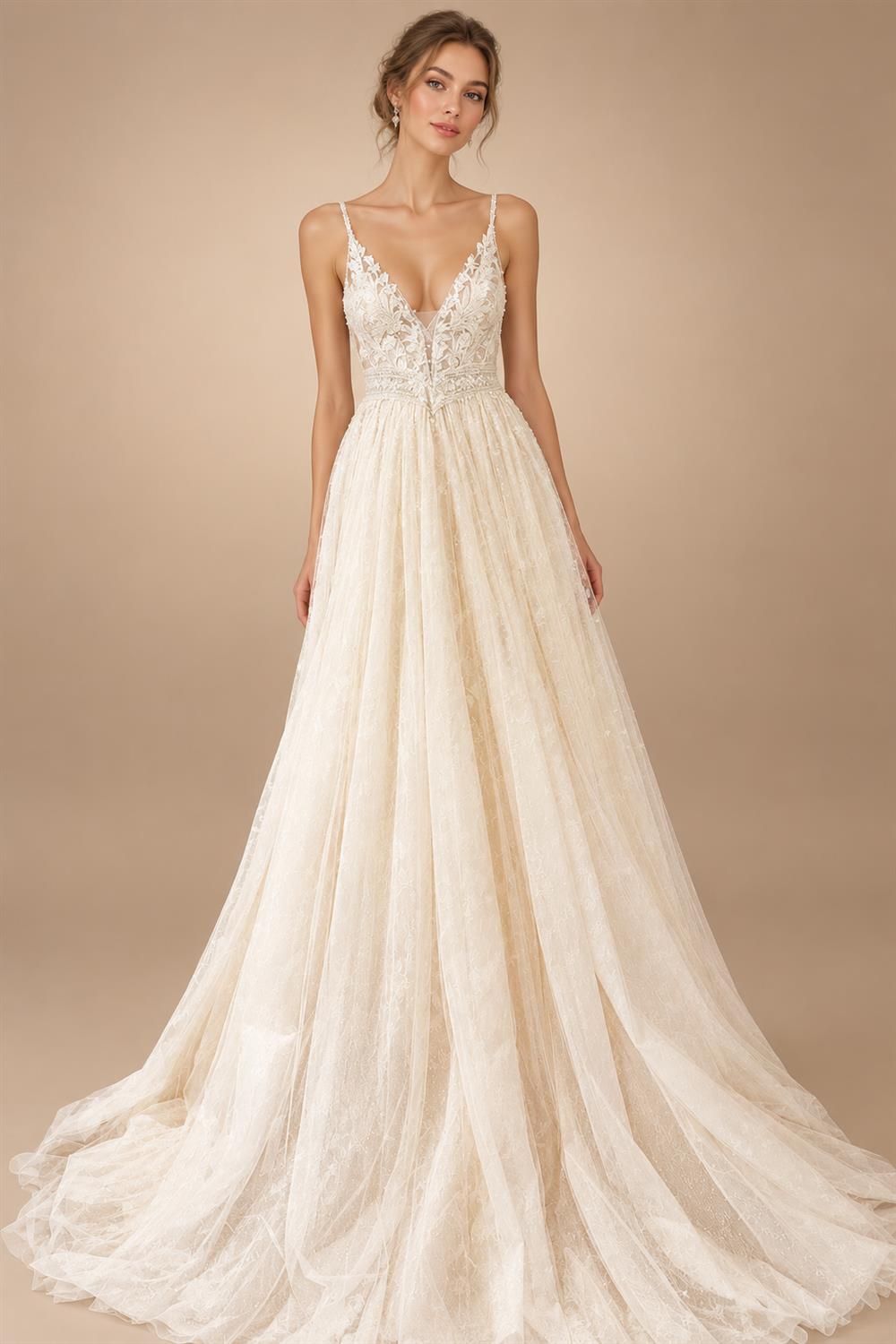 Custom Champagne Boho Wedding Dress For Women Spaghetti Strap Bridal Gown
