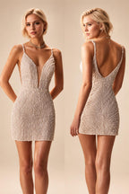 Custom Short V Neck Beaded Wedding Dress Above Knee Bridal Gown
