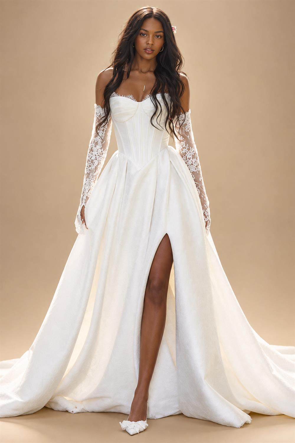 Custom A Line Satin Wedding Dress Off Shoulder Lace Long Sleeve Corset Gown