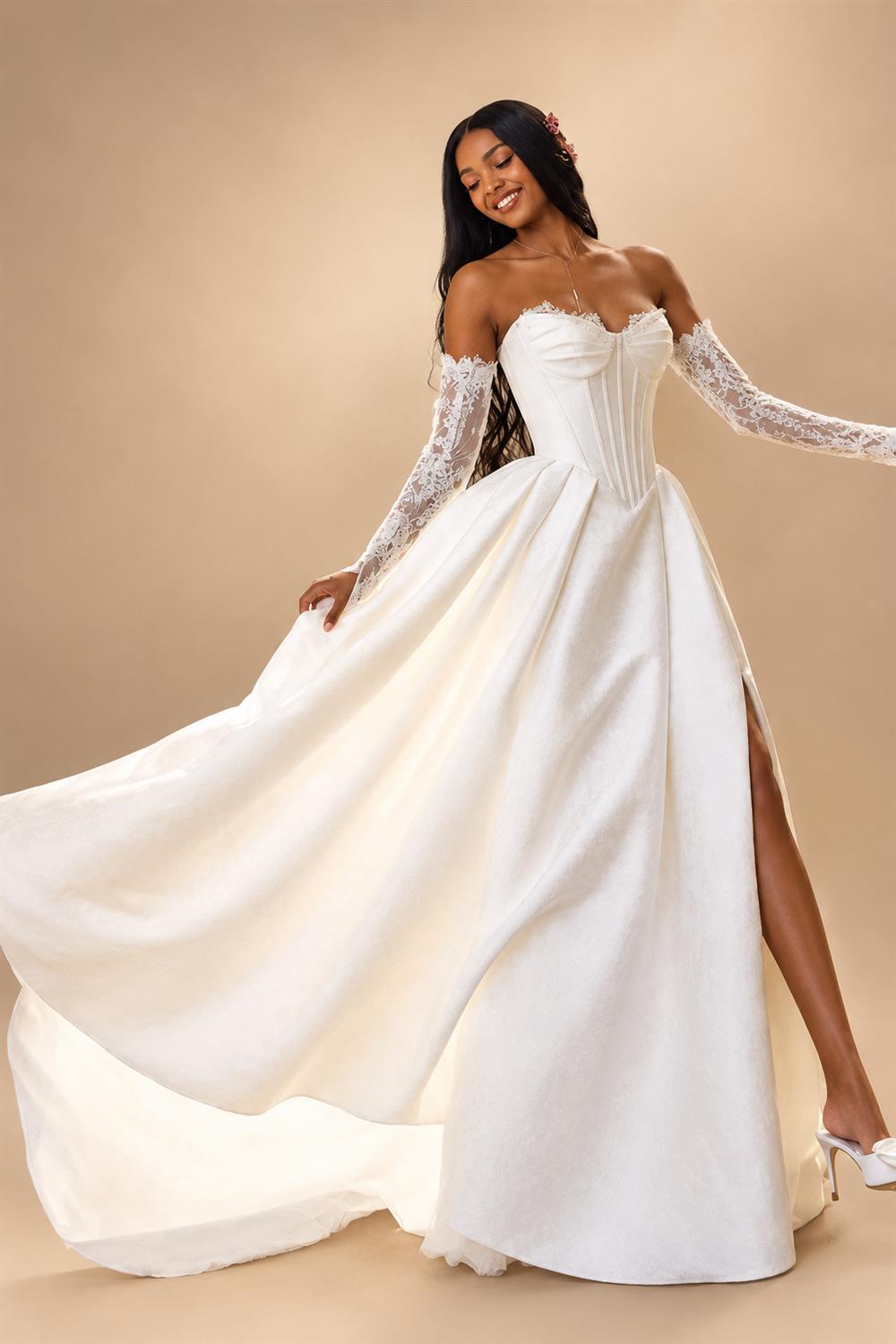 Custom A Line Satin Wedding Dress Off Shoulder Lace Long Sleeve Corset Gown