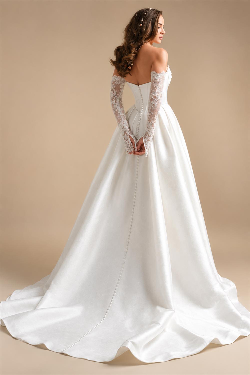 Custom A Line Satin Wedding Dress Off Shoulder Lace Long Sleeve Corset Gown