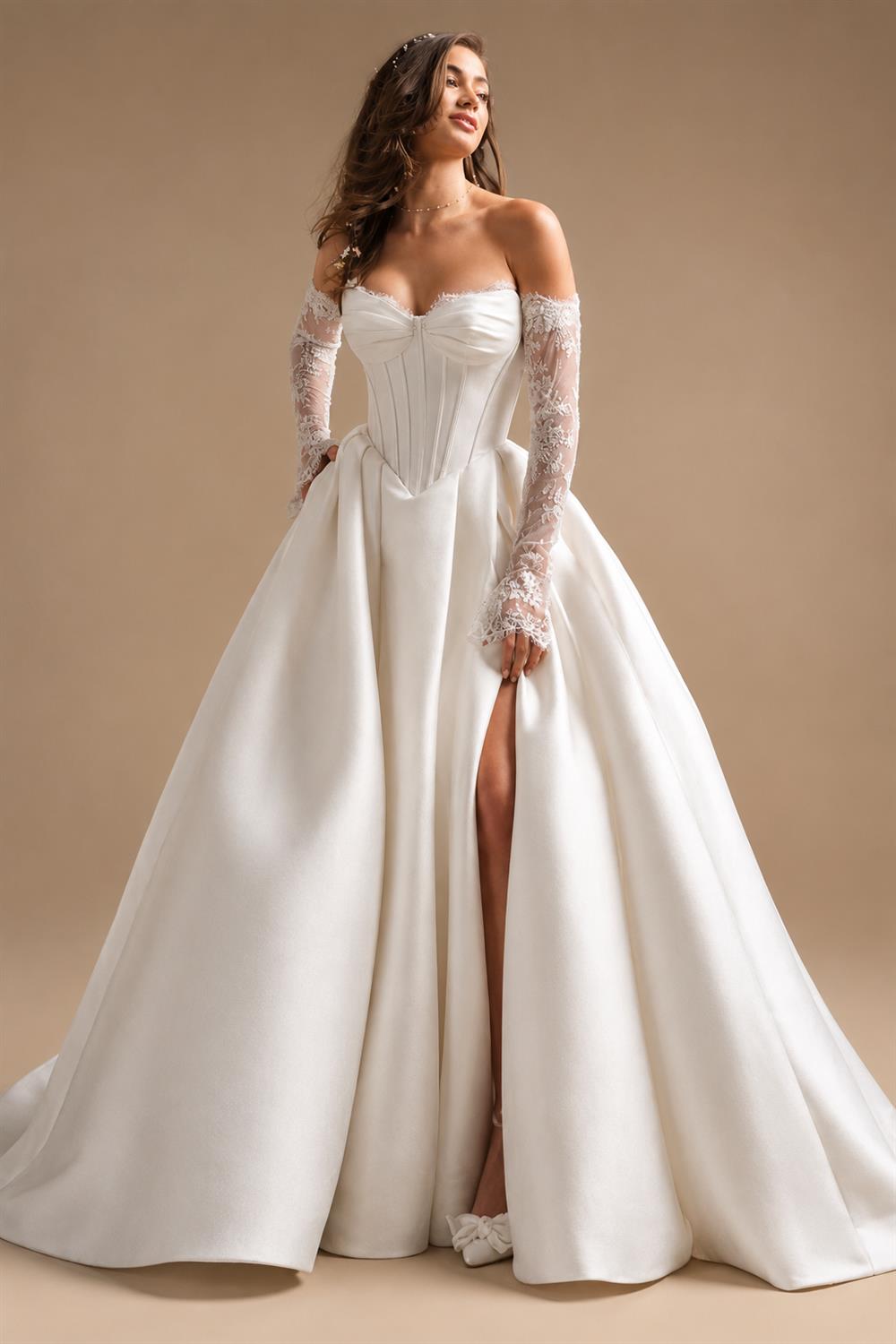Custom A Line Satin Wedding Dress Off Shoulder Lace Long Sleeve Corset Gown