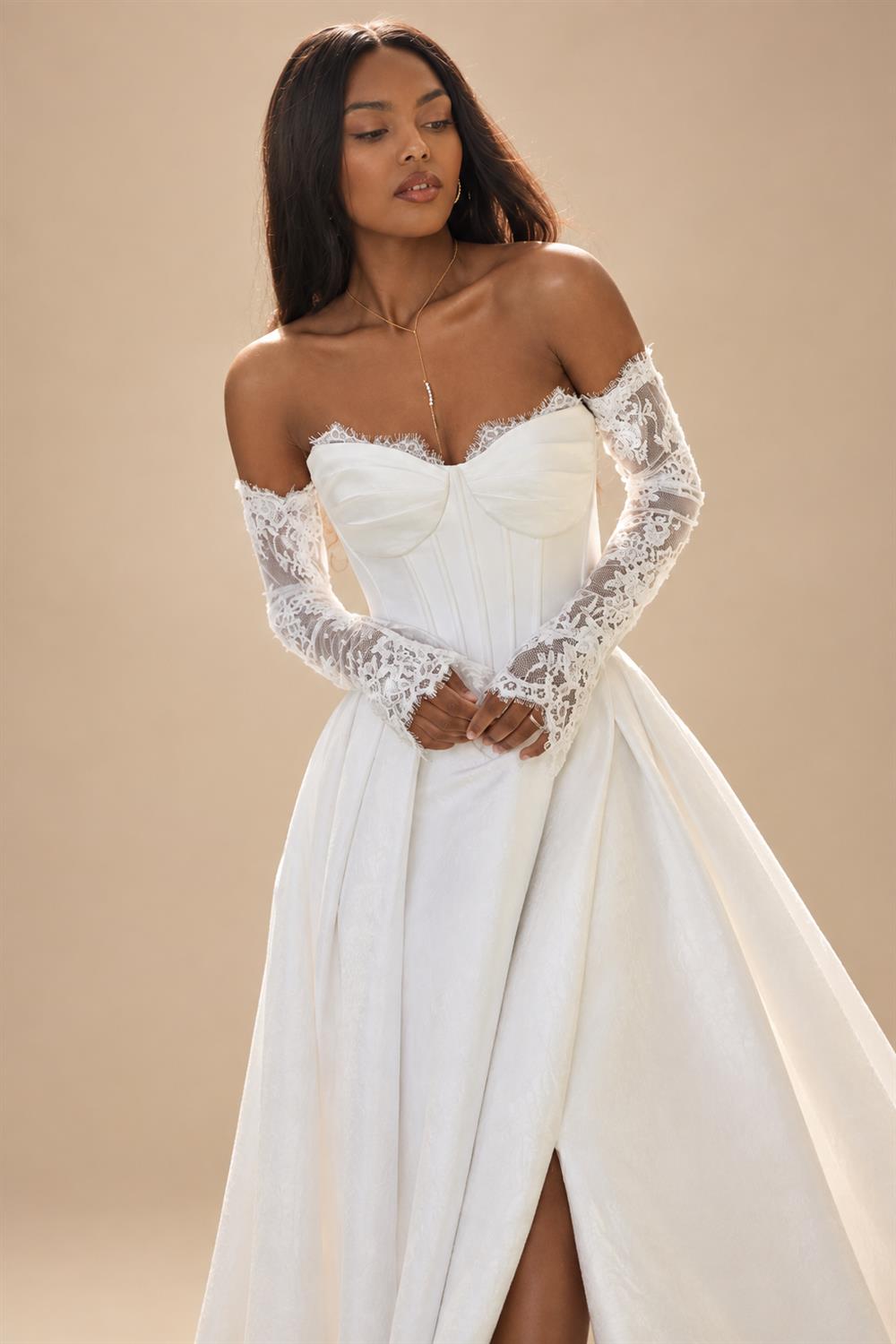 Custom A Line Satin Wedding Dress Off Shoulder Lace Long Sleeve Corset Gown