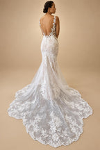 Off White Wedding Dress Lace Appliques V Neck Boho Mermaid Custom Made