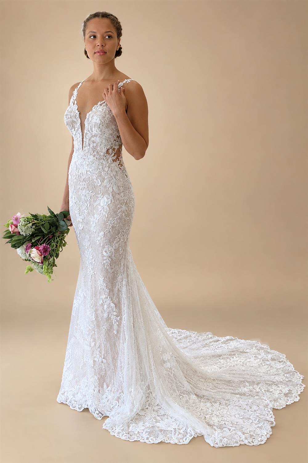 Off White Wedding Dress Lace Appliques V Neck Boho Mermaid Custom Made