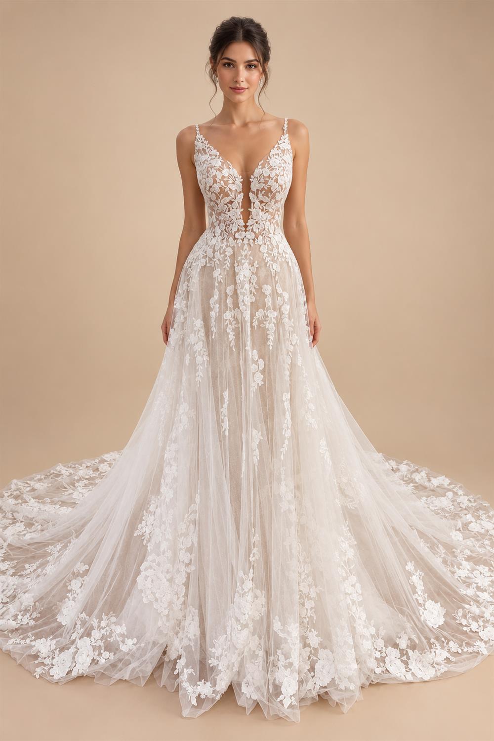 Custom Lace V Neck Wedding Dress Appliqued Court Train Boho Bridal Gown