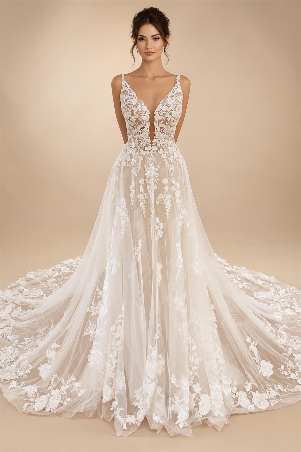 Custom Lace V Neck Wedding Dress Appliqued Court Train Boho Bridal Gown