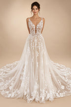 Custom Lace V Neck Wedding Dress Appliqued Court Train Boho Bridal Gown