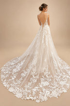 Custom Lace V Neck Wedding Dress Appliqued Court Train Boho Bridal Gown