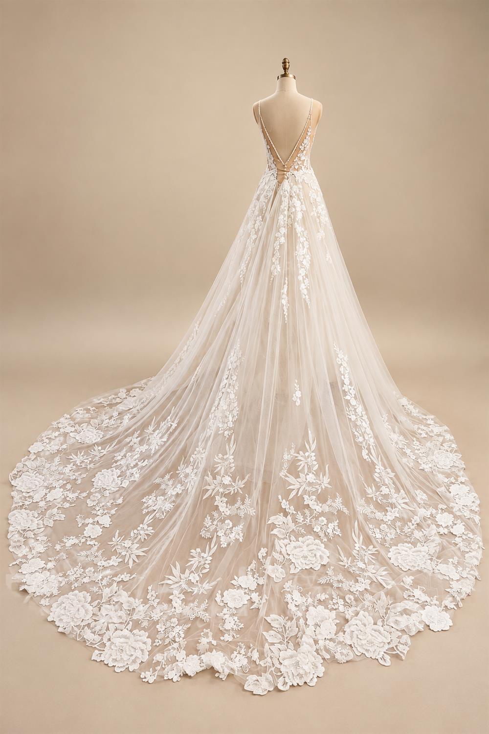 Custom Lace V Neck Wedding Dress Appliqued Court Train Boho Bridal Gown