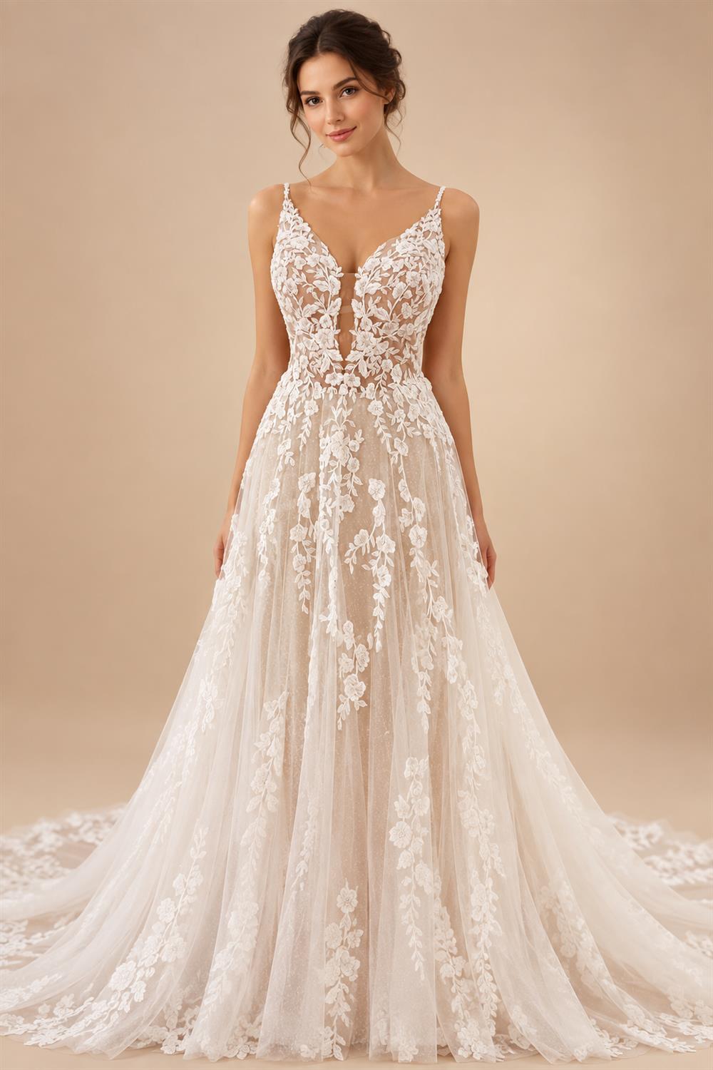 Custom Lace V Neck Wedding Dress Appliqued Court Train Boho Bridal Gown