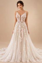 Custom Lace V Neck Wedding Dress Appliqued Court Train Boho Bridal Gown